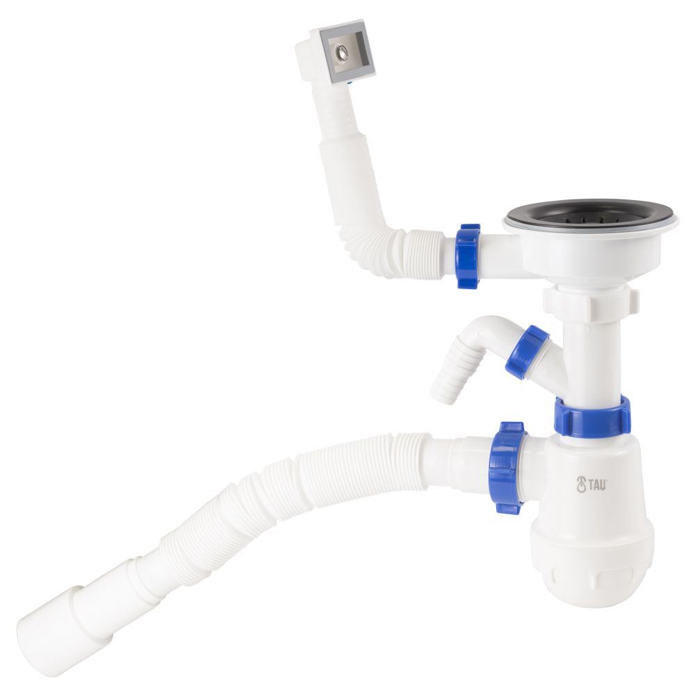 Сифон для кухонної мийки з пластиковим випуском 3½" підведенням під пральну машину круглим переливом і гнучким відведенням D40/50мм (чорний) Tau