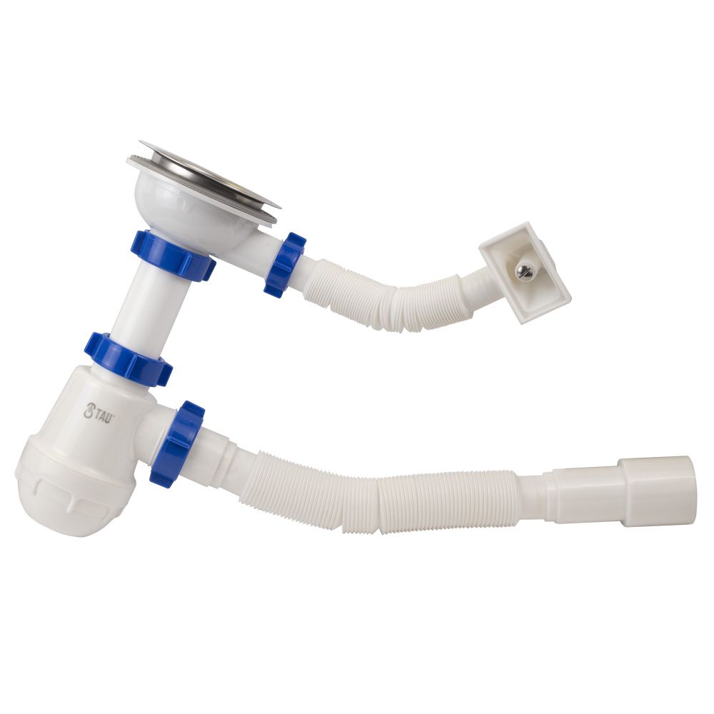 Сифон для кухонної мийки з нержавіючим випуском 3½" квадратним переливом і гнучким відведенням Ø40/5