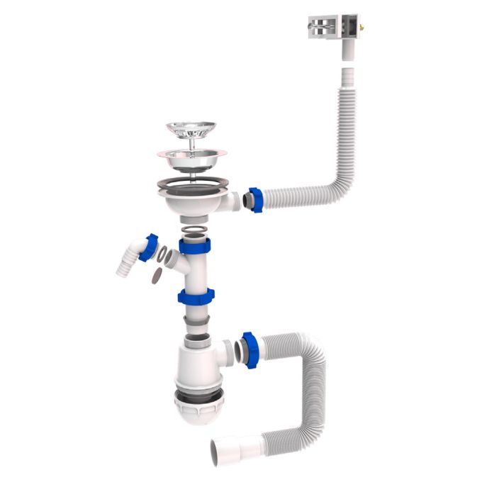 Сифон для кухонної мийки з нержавіючим випуском 3½" виводом під пральну машину, квадратним переливом