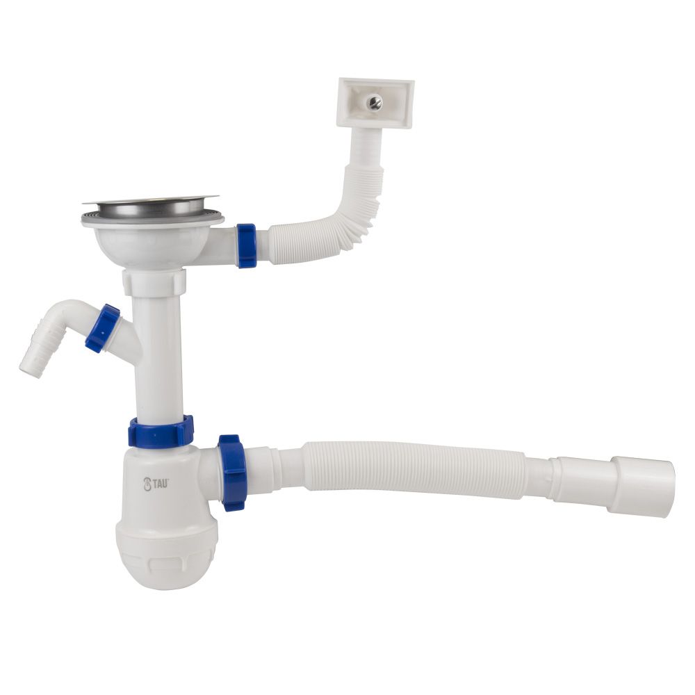 Сифон для кухонної мийки з нержавіючим випуском 3½" виводом під пральну машину, квадратним переливом