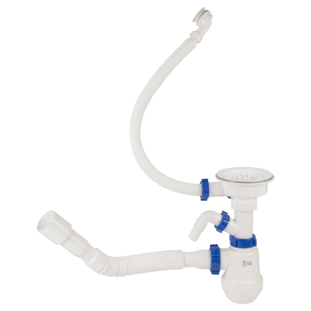 Сифон для кухонної мийки з пластиковим випуском 3½" підведенням під пральну машину круглим переливом і гнучким відведенням Ø40/50мм (білий) Tau