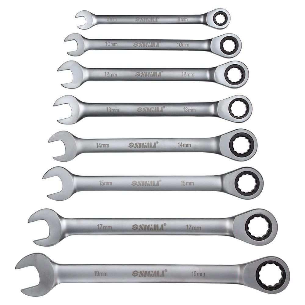 Ключи рожково-накидные с трещоткой 8шт (8, 10, 12, 13, 14, 15, 17, 19мм) CrV SIGMA (6010521)