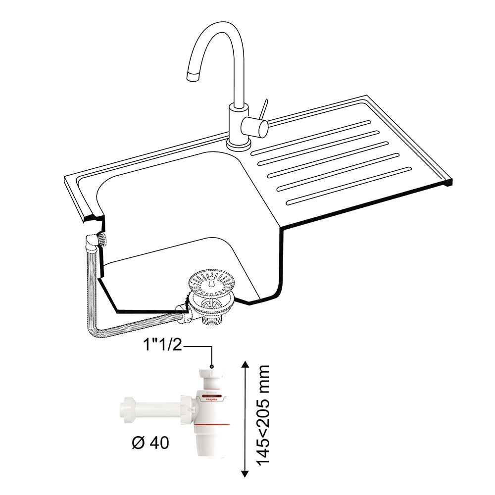 Сифон для кухонної мийки Neo Air 1½"×Ø40мм з відведенням WIRQUIN (9542330)