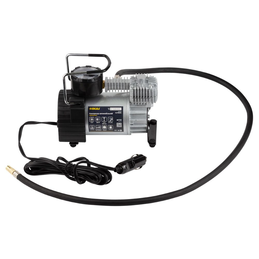 Компрессор автомобильный автостоп 12В 180Вт 15А 35л/мин 10бар сумка, переходник на клеммы SIGMA (617025