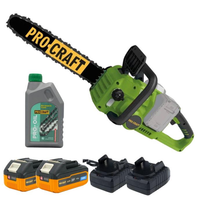 Набір Акумуляторна ланцюгова пила Procraft PCA42/2+акб 20/4Turbo (2шт)+ЗП 20/1(2шт)+Олива ланцюга 1л