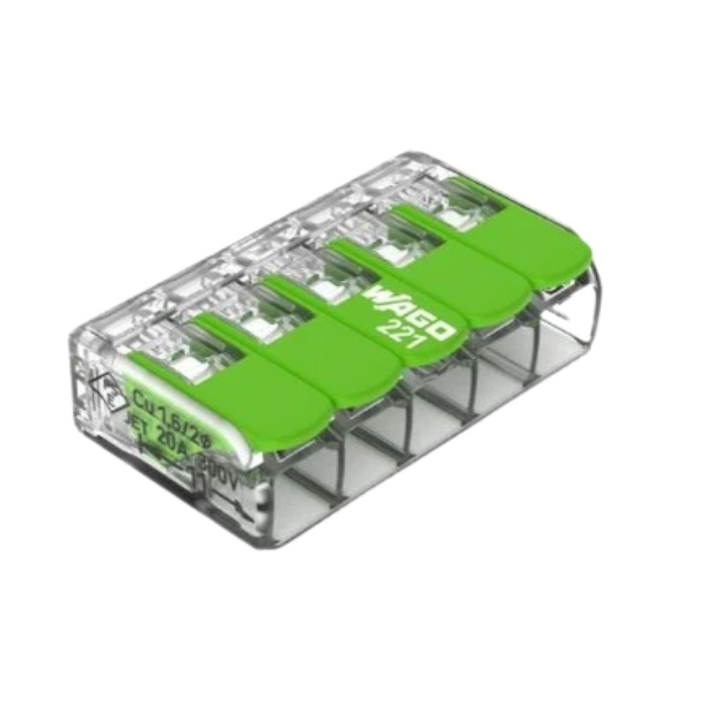 Клемний затискач 5 входи (0.2-4.0 мм.кв) 32А/450V CU, з важелем WAGO 221-425 Green Range