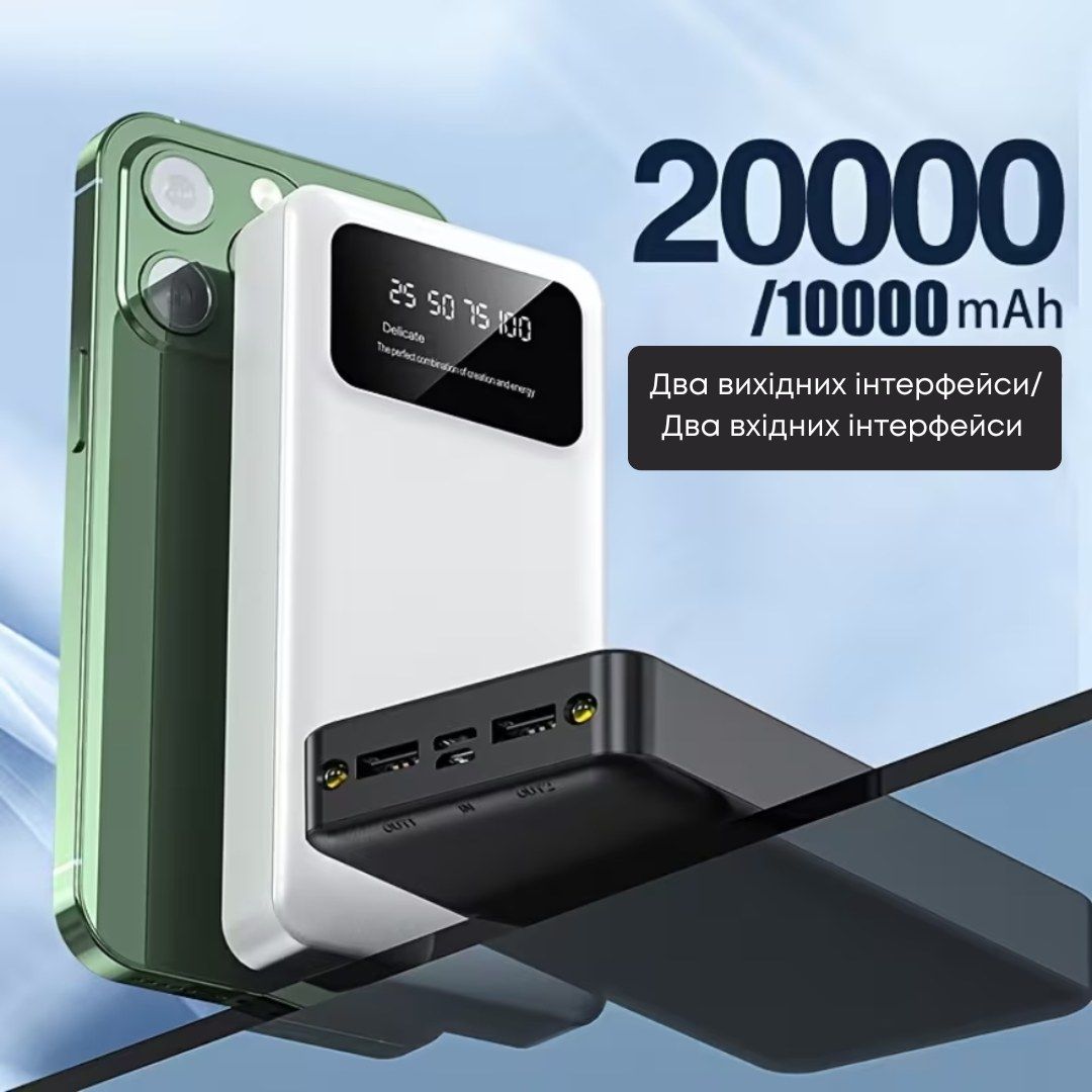 Power Bank 20000mAh, підтримка інтерфейсів Micro/Type-C,подвійний вхід та вихід із цифровим дисплеєм
