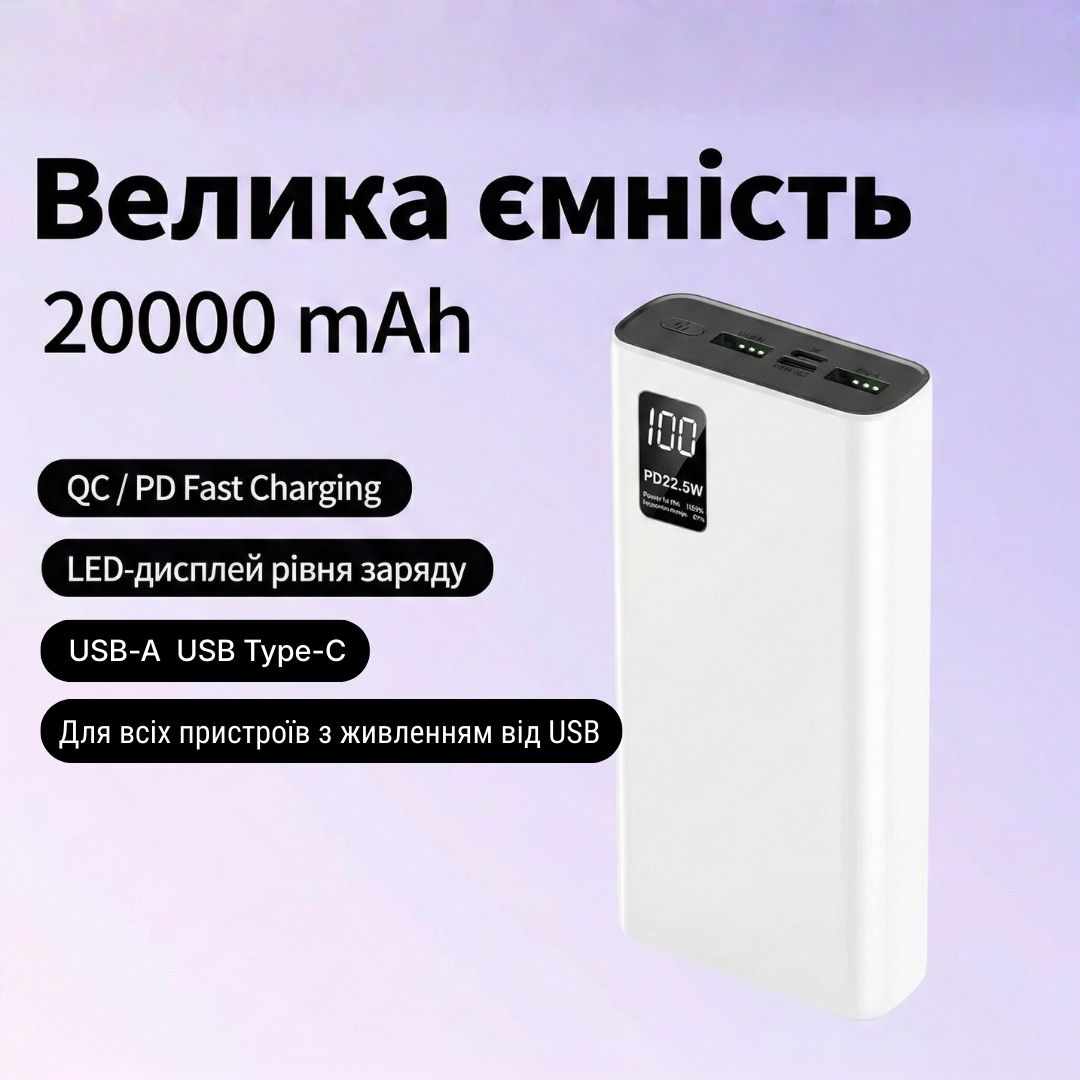 Повербанк 20000 мАч Power Bank Hinne з швидкою зарядкою QC USB 3.0, Type-C  LED-дисплей