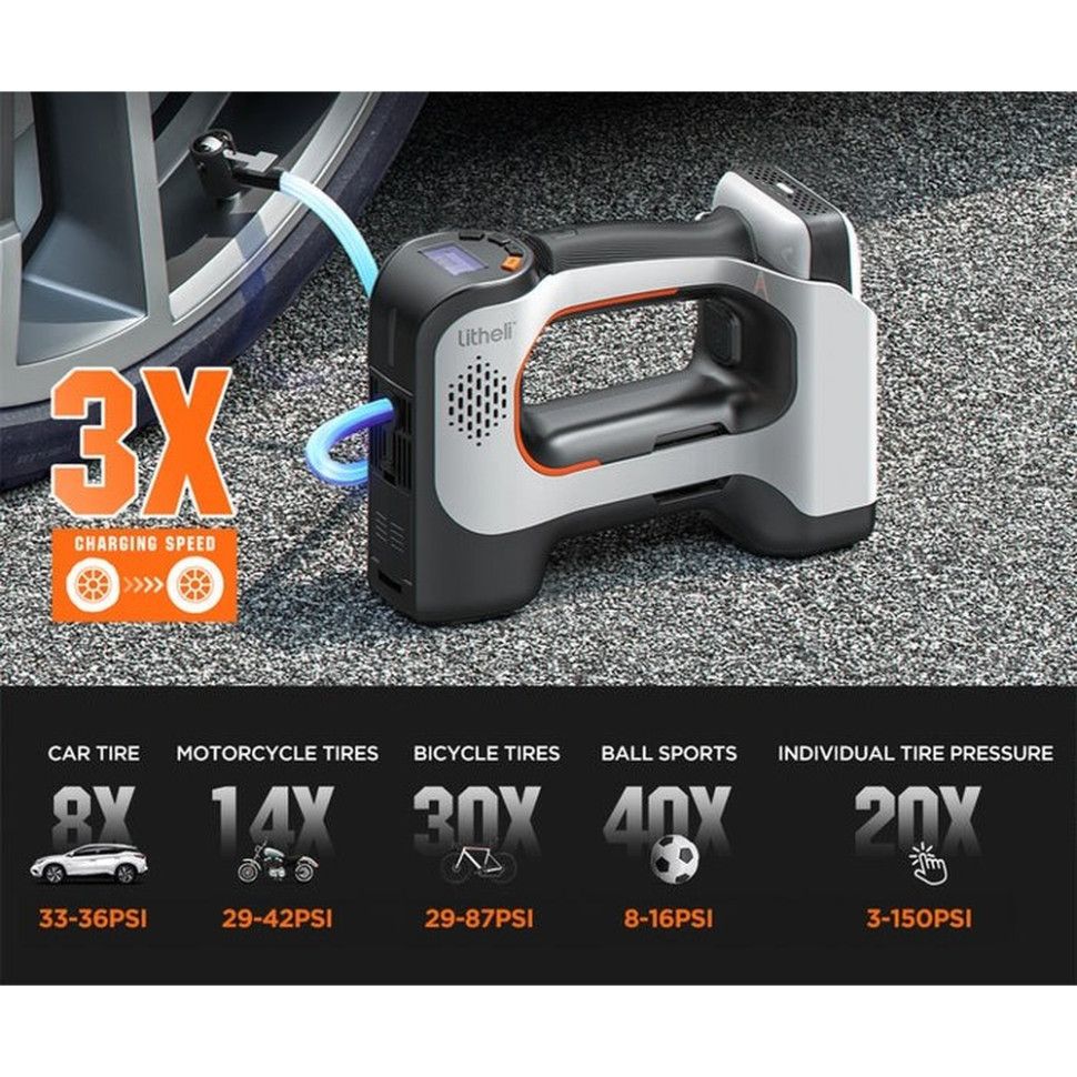 Акумуляторний компресор Litheli з ліхтарем, живлення від павербанку (УМБ Litheli Power Bank 20000 mA