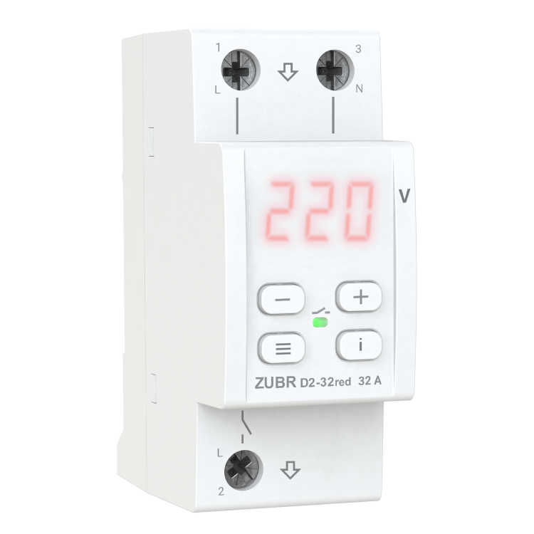 Реле напруги ZUBR D2-32 однофазне на DIN-рейку 32А red  (з термозахистом)