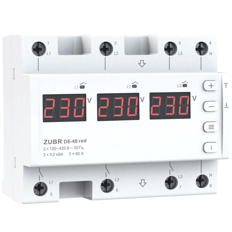 Реле напруги ZUBR 3 фази D6-40 red з термозахистом