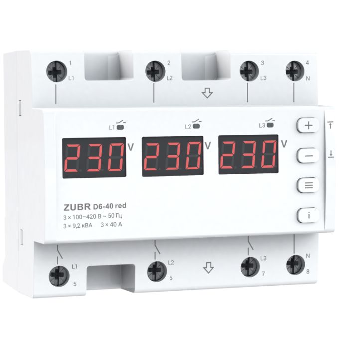 Реле напруги ZUBR 3 фази D6-40 red з термозахистом