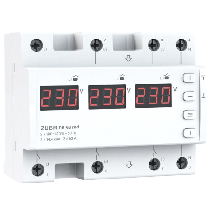 Реле напруги ZUBR 3 фази D6-63 red з термозахистом