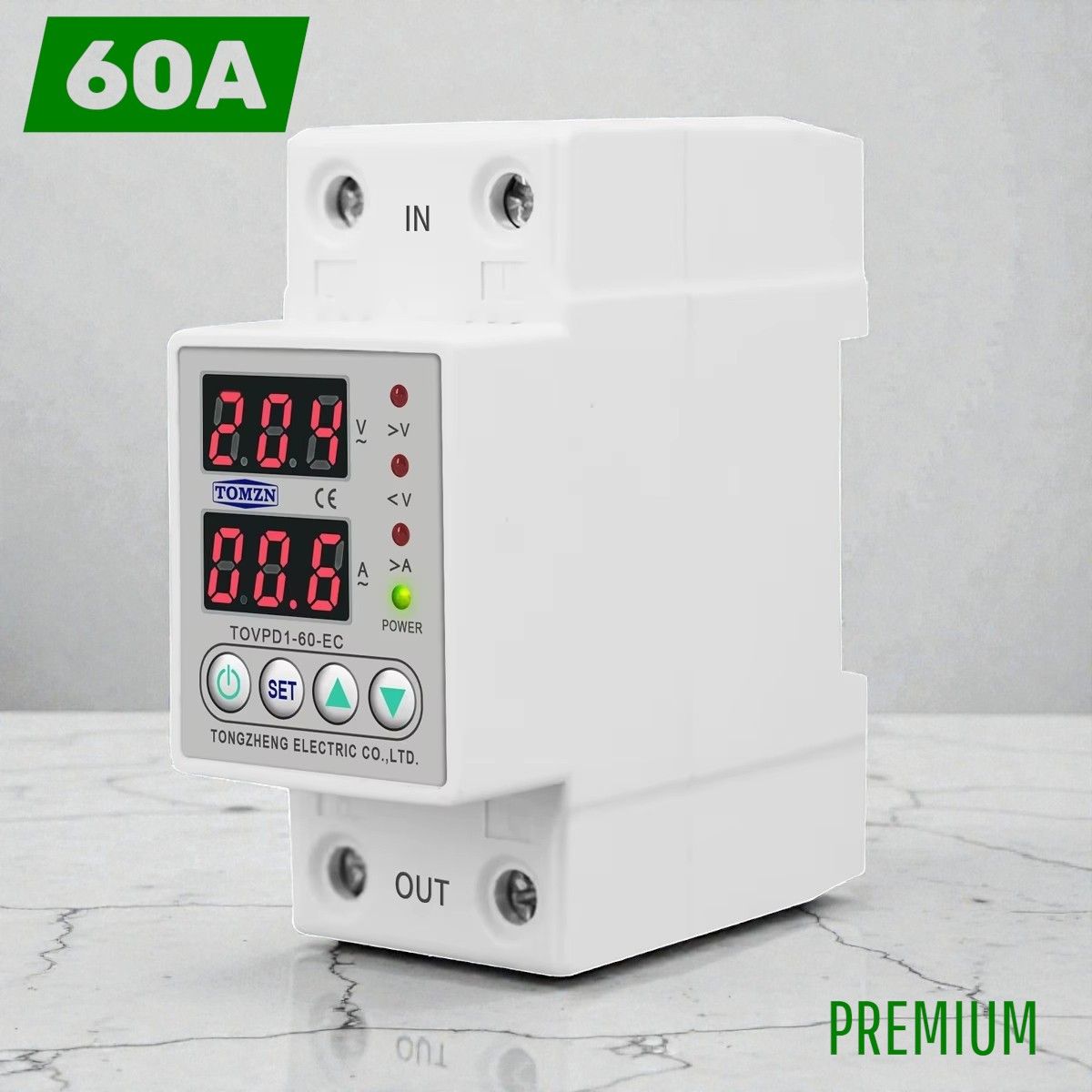 Реле контролю напруги та струму 60А 230В на DIN-рейку з регулюванням та дисплеєм VA-Protector