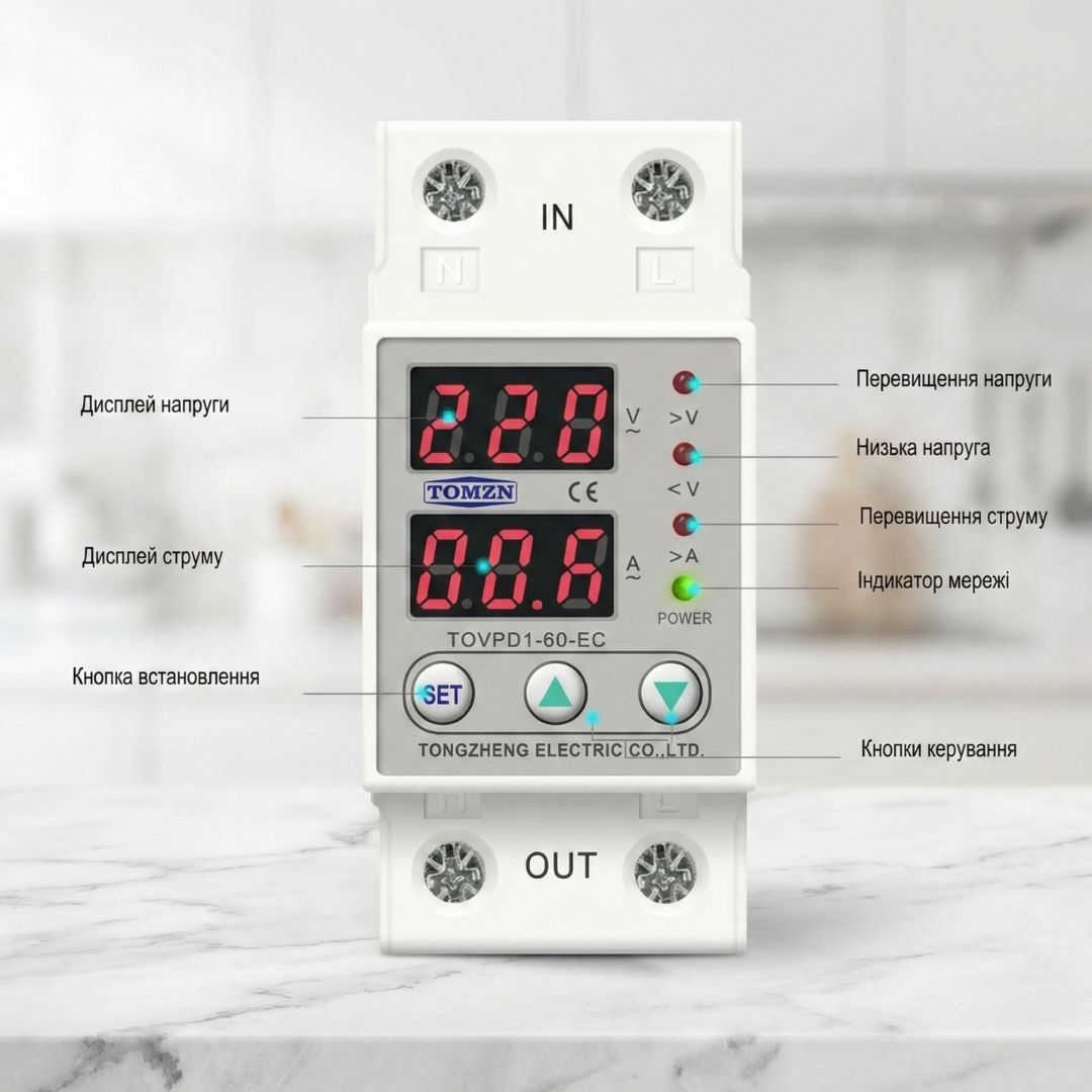 Реле контролю напруги та струму 60А 230В на DIN-рейку з регулюванням та дисплеєм VA-Protector