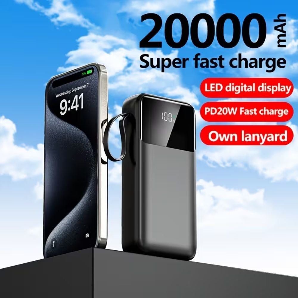 20000 мАч Power Bank з LED-дисплеєм, подвійним виходом, вбудованим шнурком, чорний
