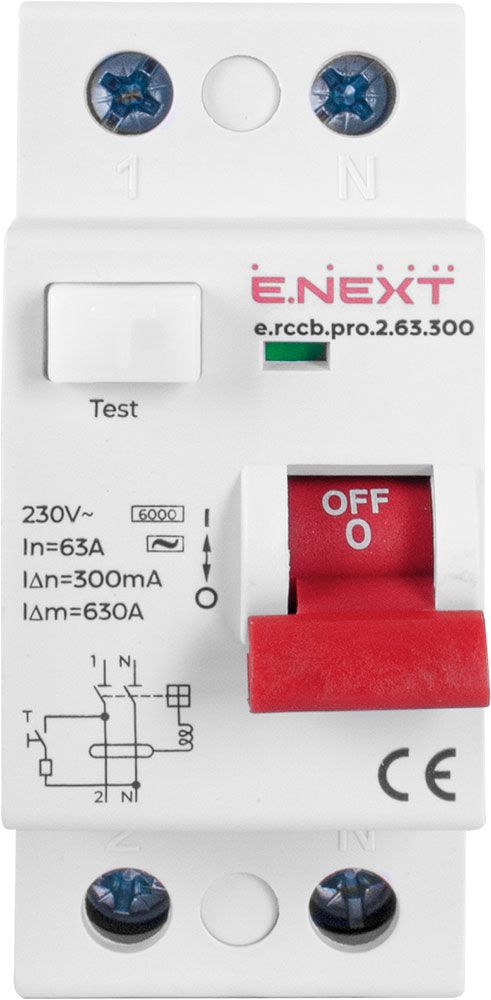 Вимикач диференційного струму e.rccb.pro.2.63.300, 2р, 63А, 300мА