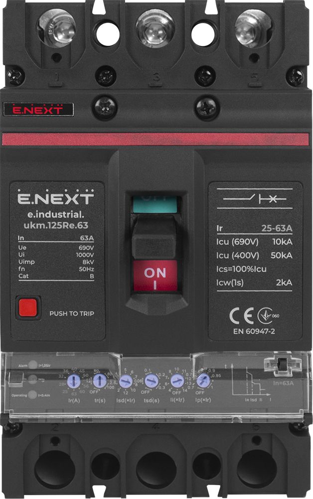 Силовий автоматичний вимикач e.industrial.ukm.125Re.63 з електронним розчіплювачем, 3р, 63А
