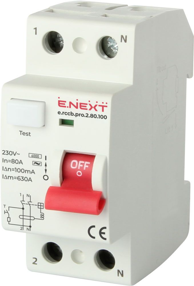 Вимикач диференційного струму e.rccb.pro.2.80.100, 2р, 80А, 100мА
