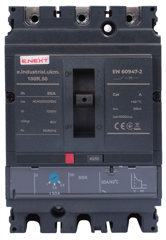 Силовой автоматический выключатель e.industrial.ukm.100R.50 с регулировкой, 3р, 50А