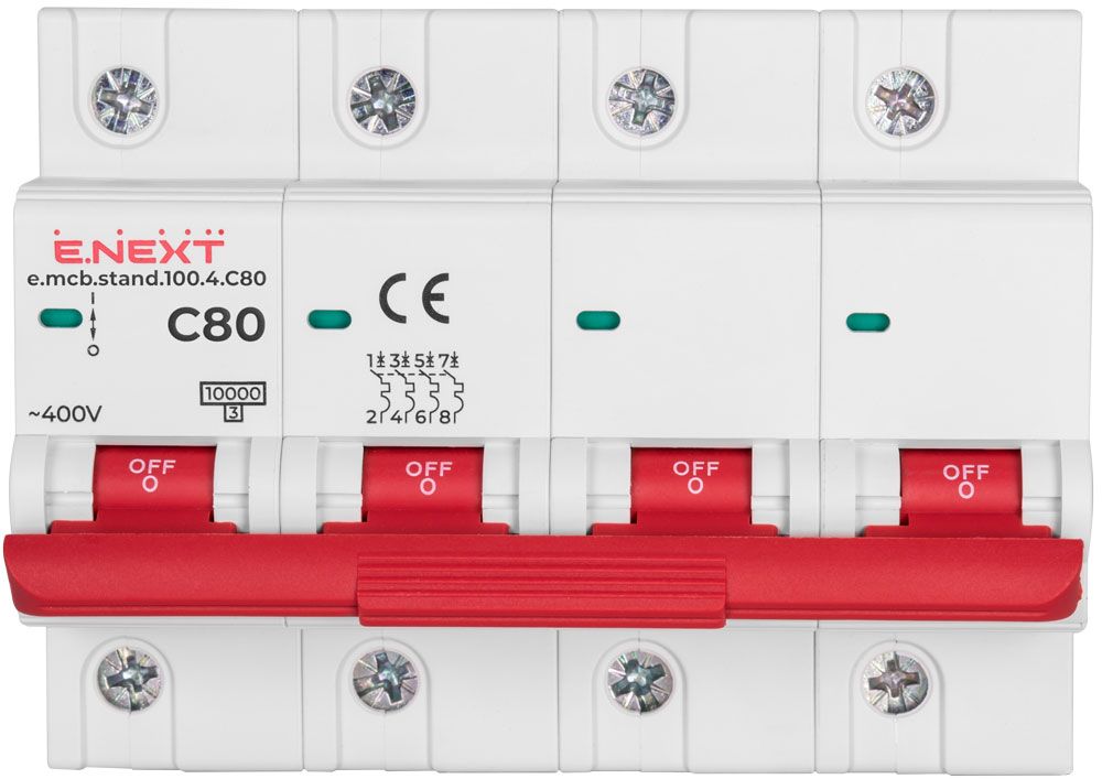 Модульный автоматический выключатель e.mcb.stand.100.4.C80, 4р, 80А, C, 10кА