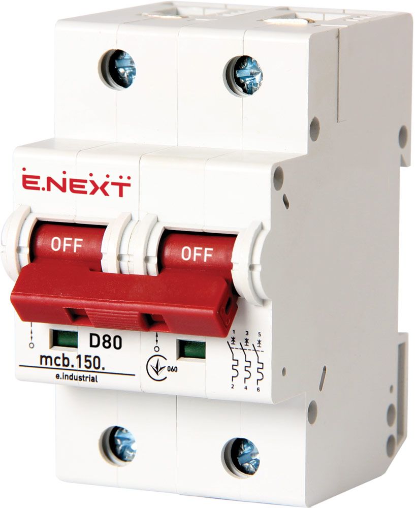 Модульний автоматичний вимикач e.industrial.mcb.150.2.D80, 2р, 80А, D, 15кА