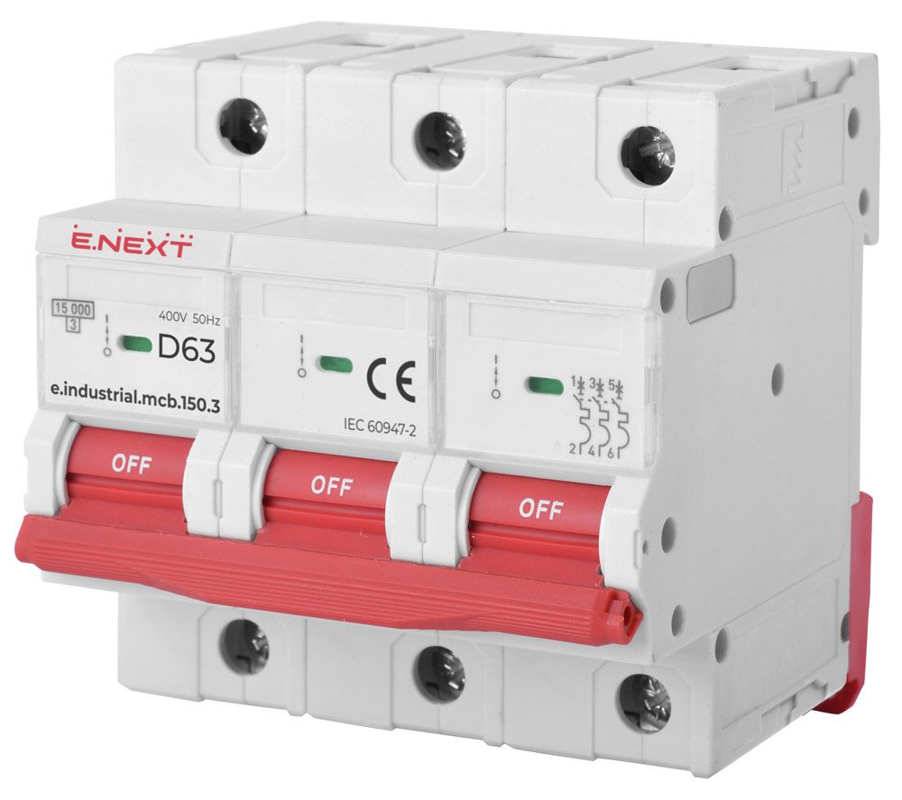 Модульний автоматичний вимикач e.industrial.mcb.150.3.D63, 3р, 63А, D, 15кА