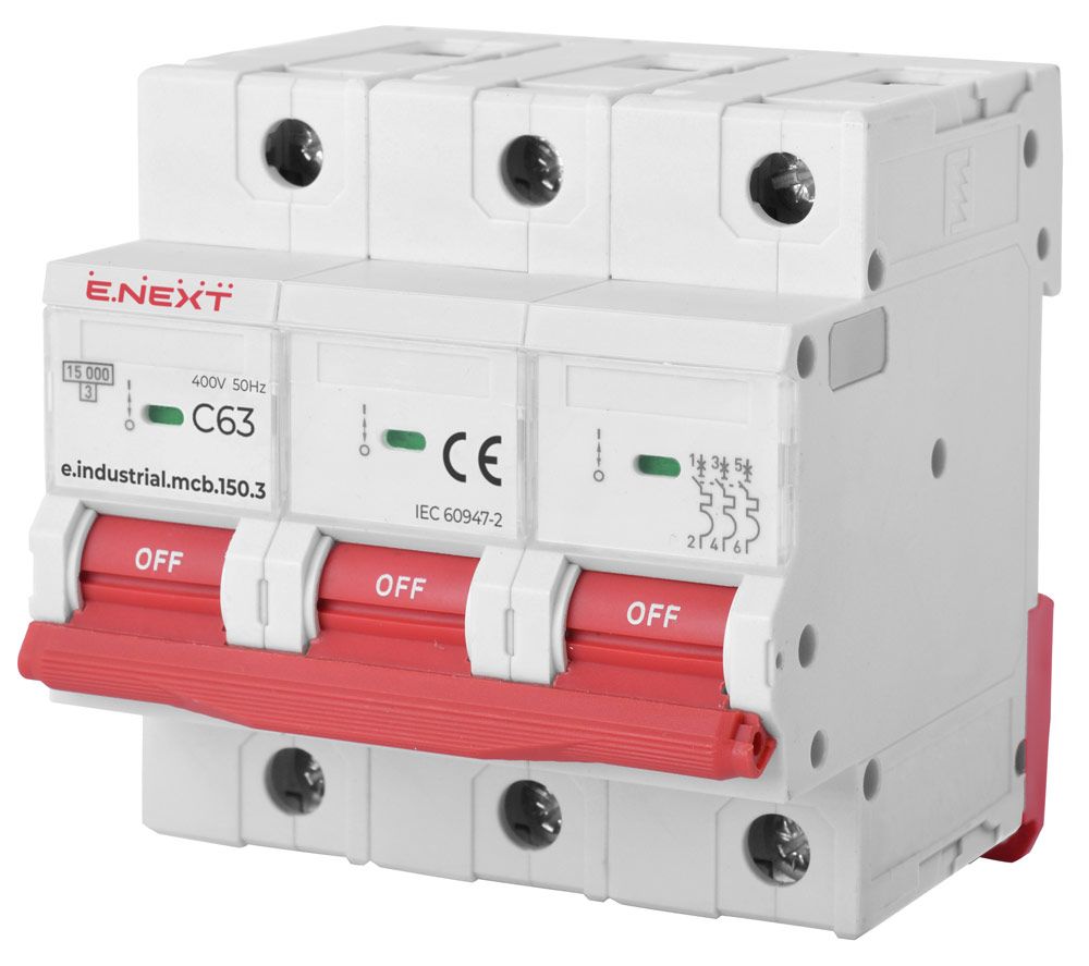 Модульний автоматичний вимикач e.industrial.mcb.150.3.C63, 3р, 63А, C, 15кА