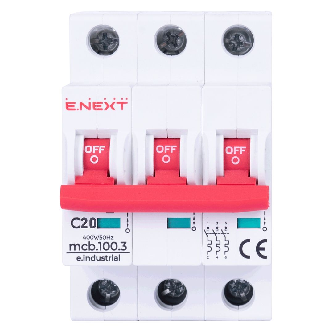 Модульний автоматичний вимикач e.industrial.mcb.100.3.C20, 3 р, 20А, C, 10кА