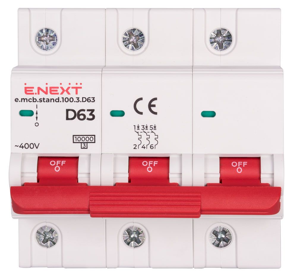 Модульний автоматичний вимикач e.mcb.stand.100.3.D63, 3р, 63А, D, 10кА