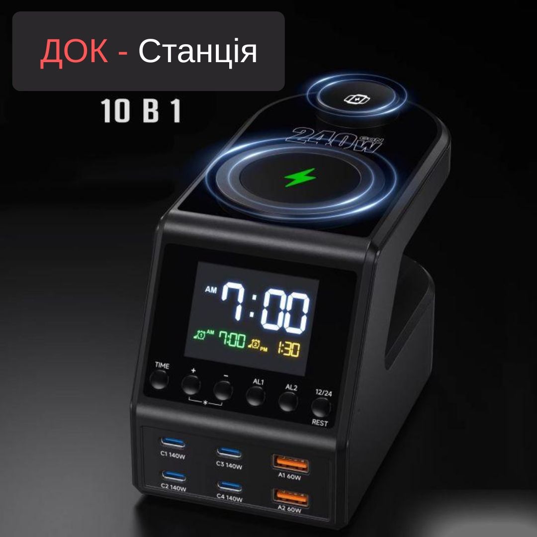 Багатофункціональний зарядний пристрій, 240 Вт, універсальний цифровий годинник