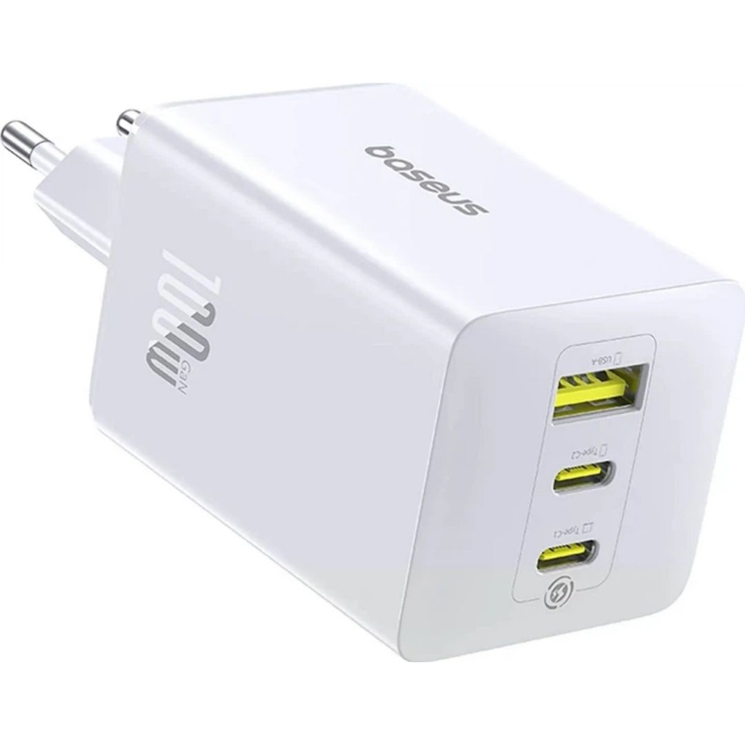 Зарядний пристрій Baseus 2xUSB-C 65W + 1xUSB GaN + cable USB-C to USB-C 100W 1.0m білий(CCGP120202)