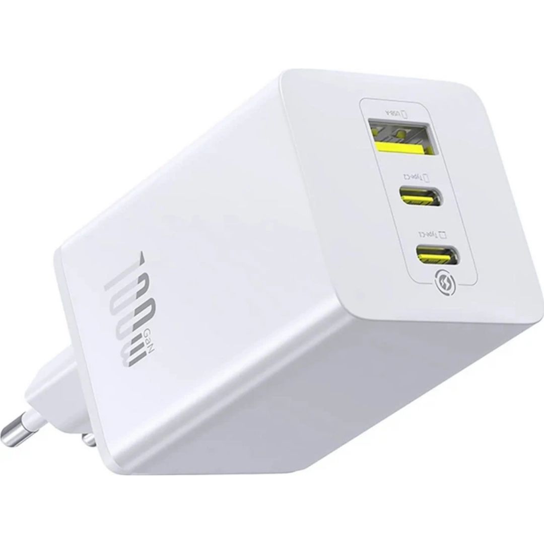 Зарядний пристрій Baseus 2xUSB-C 65W + 1xUSB GaN + cable USB-C to USB-C 100W 1.0m білий(CCGP120202)