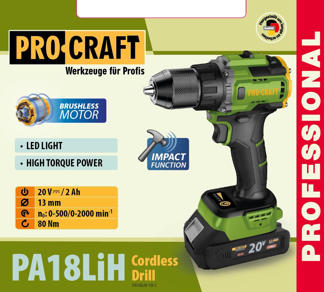 Шуруповерт Procraft PA18LiH з ударом (1 акб і зп)